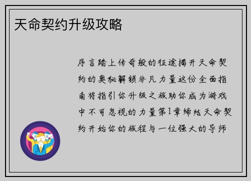 天命契约升级攻略